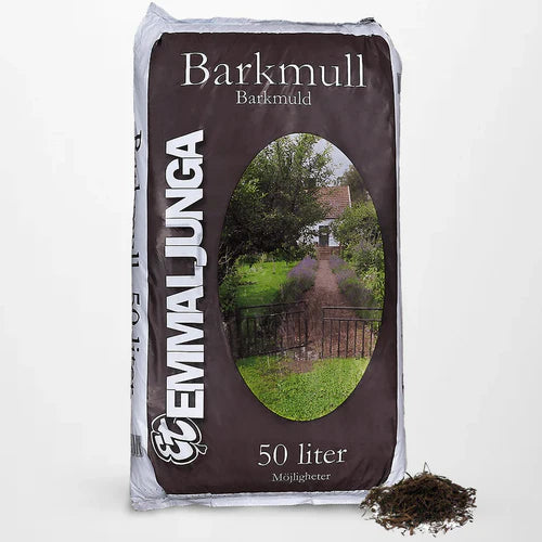 Säck med barkmull från Emmaljunga, 50 liter, för trädgårdsanvändning.