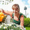 En kvinna vattnar blommor med en orange vattenkanna i en grönskande trädgård.