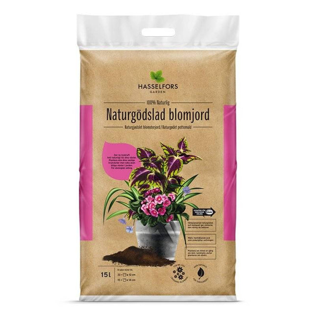 Köp Hasselfors naturgödslad blomjord 15 liter, 51st, Halvpall - Fraktfritt Hasselfors Garden jord