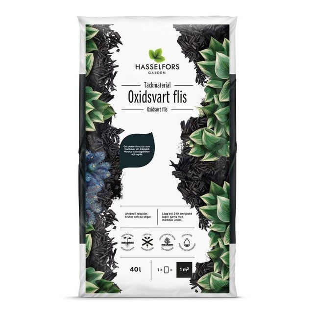 Köp Hasselfors oxidsvart flis, 40 liter, 45 st, Helpall - Fraktfritt Hasselfors Garden täckmaterial
